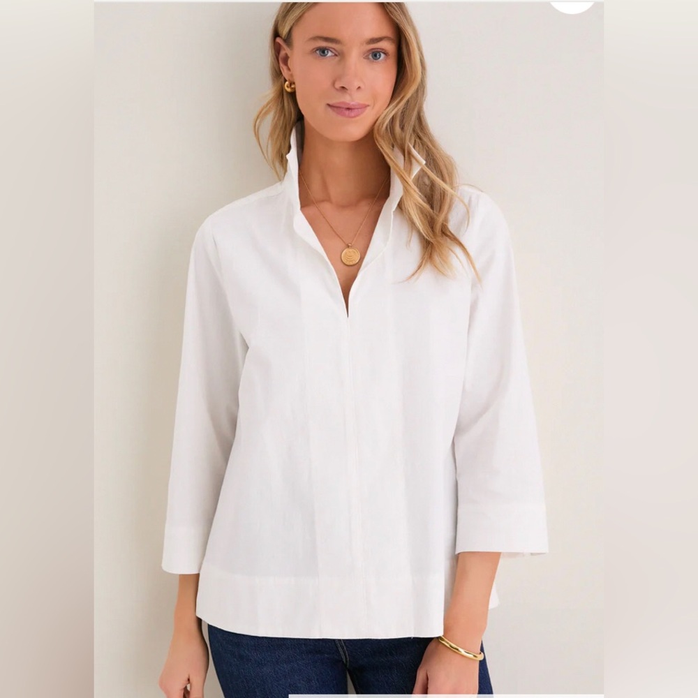 Tuckernuck White Margot Stand Collar Blouse womens S popover v neck crisp white